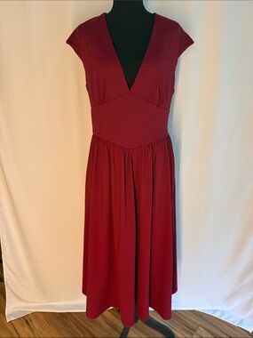 V-Neck Wine Midi Dress with Cap Sleeves